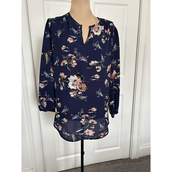 Fun2Fun Navy Blue Floral Boho Kenmore Split Neck Stretch Blouse Size S - Picture 2 of 9